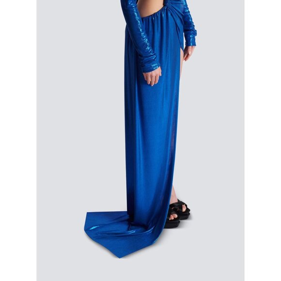 Balmain Womens Draped Laminated Jersey Long Dress in Bleu Electric 38 New Gown - Picture 14 of 16